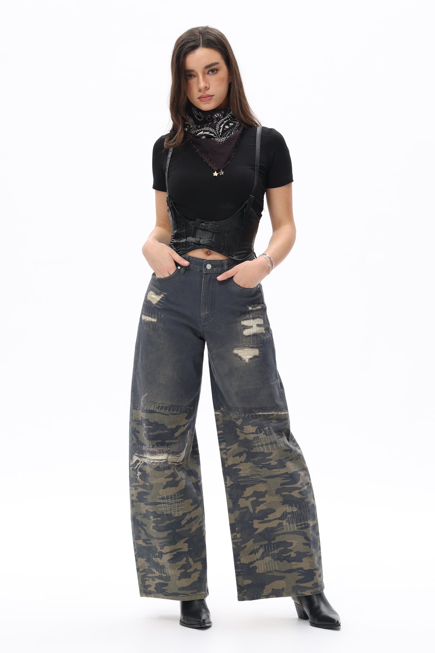 Isadora Camo Patchwork Barrel Jeans