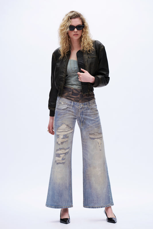 Amelia Deconstructed Camo Wide-Leg Jeans